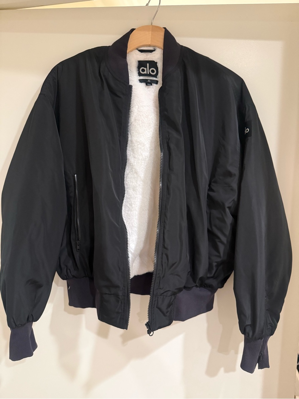 ALO Yoga Black Bomber Jacket with White faux furLining